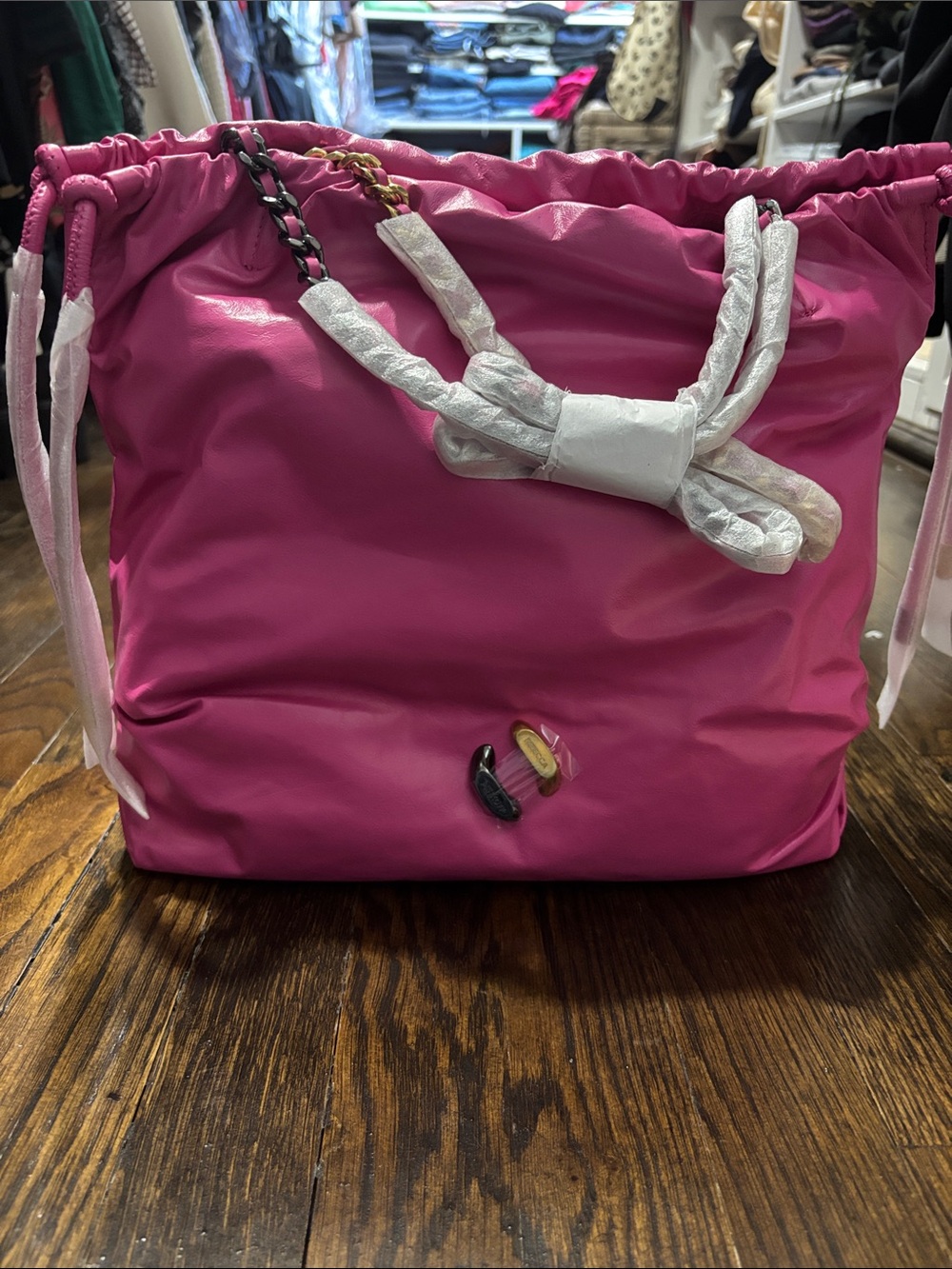 Rebecca Minkoff Fuchsia Drawstring Tote with Chain-Accent Straps